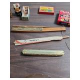 Vintage items from Japan - 3 tiny wood Carved Figurines, set of landscape cards, Milky candy (some candies inside still), chop sticks and 2 fans (both fans are damaged)