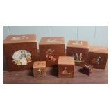 Mid-Century Wooden Nesting Blocks with Story Book Illustrations (one box has damage on top and is missing its scene)