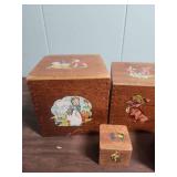Mid-Century Wooden Nesting Blocks with Story Book Illustrations (one box has damage on top and is missing its scene)