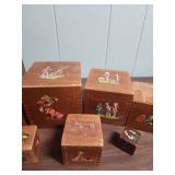 Mid-Century Wooden Nesting Blocks with Story Book Illustrations (one box has damage on top and is missing its scene)