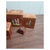 Mid-Century Wooden Nesting Blocks with Story Book Illustrations (one box has damage on top and is missing its scene)