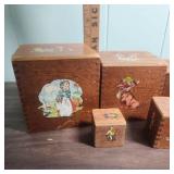 Mid-Century Wooden Nesting Blocks with Story Book Illustrations (one box has damage on top and is missing its scene)