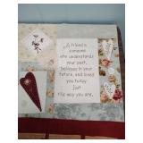 Handcrafted Family Quilt Blocks, Embroidered projects, and a set of pink plaid napkins