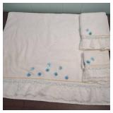 Decorative Vintage White Towel Set with Lace Trim and Blue Flowers - One towel, one handtowel, one washcloth