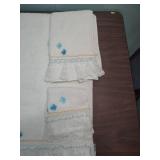Decorative Vintage White Towel Set with Lace Trim and Blue Flowers - One towel, one handtowel, one washcloth