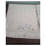 Decorative Vintage White Towel Set with Lace Trim and Blue Flowers - One towel, one handtowel, one washcloth