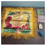 WWII Era Sweetheart Pillow Cover with fringe, two handmade pot holders and wood trinkets