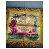 WWII Era Sweetheart Pillow Cover with fringe, two handmade pot holders and wood trinkets