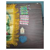WWII Era Sweetheart Pillow Cover with fringe, two handmade pot holders and wood trinkets