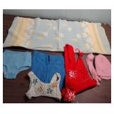 Vintage Toddler Clothing Lot including a pair of blue shorts, bikini swimsuit, two hat/scarf sets and a baby blanket (70x30)