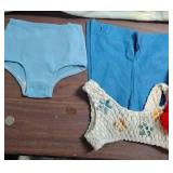 Vintage Toddler Clothing Lot including a pair of blue shorts, bikini swimsuit, two hat/scarf sets and a baby blanket (70x30)