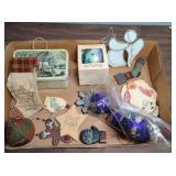 Miscellaneous Christmas Ornament Collection and a small winter scene tin