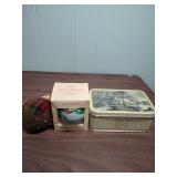 Miscellaneous Christmas Ornament Collection and a small winter scene tin