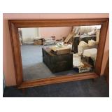 Large Wood Mirror with dresser mounts from Willard Mirrors - 46 1/4" W x 34.5" H. Remove the mounts and use it as a wall mirror!  Very good condition, minor scratches on edge of frame
