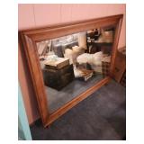 Large Wood Mirror with dresser mounts from Willard Mirrors - 46 1/4" W x 34.5" H. Remove the mounts and use it as a wall mirror!  Very good condition, minor scratches on edge of frame