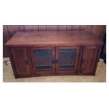 Mission Style Wood Media Cabinet / TV Stand with glass doors with Pull-out Storage for discs.  50"W x 21"D x 24"H.  Very sturdy / heavy