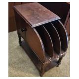 Vintage Wooden Magazine Rack Side Table with Turned Legs and side storage compartment  12.5"W x 24"D x 22.25"H - heavy finish wear and chipped laminate along front edge