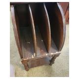 Vintage Wooden Magazine Rack Side Table with Turned Legs and side storage compartment  12.5"W x 24"D x 22.25"H - heavy finish wear and chipped laminate along front edge