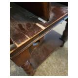 Vintage Wooden Magazine Rack Side Table with Turned Legs and side storage compartment  12.5"W x 24"D x 22.25"H - heavy finish wear and chipped laminate along front edge