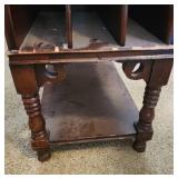 Vintage Wooden Magazine Rack Side Table with Turned Legs and side storage compartment  12.5"W x 24"D x 22.25"H - heavy finish wear and chipped laminate along front edge