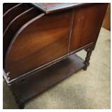 Vintage Wooden Magazine Rack Side Table with Turned Legs and side storage compartment  12.5"W x 24"D x 22.25"H - heavy finish wear and chipped laminate along front edge