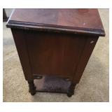 Vintage Wooden Magazine Rack Side Table with Turned Legs and side storage compartment  12.5"W x 24"D x 22.25"H - heavy finish wear and chipped laminate along front edge