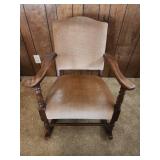 Vintage Wooden Rocking Chair with Upholstered Seat. and back.  22.75"W x 30"D x 31.5"H. Seat height 15". Holds weight but creeks heavily, may need some tightening