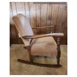 Vintage Wooden Rocking Chair with Upholstered Seat. and back.  22.75"W x 30"D x 31.5"H. Seat height 15". Holds weight but creeks heavily, may need some tightening
