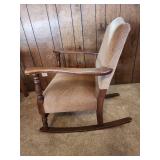Vintage Wooden Rocking Chair with Upholstered Seat. and back.  22.75"W x 30"D x 31.5"H. Seat height 15". Holds weight but creeks heavily, may need some tightening