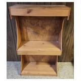 Pine Wood 2-Tier Bookcase with ornate sides.  25" W x 11.25" D x  42 1/8" H.  Lower shelf 16"H upper shelf 17.5"H