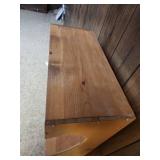 Pine Wood 2-Tier Bookcase with ornate sides.  25" W x 11.25" D x  42 1/8" H.  Lower shelf 16"H upper shelf 17.5"H