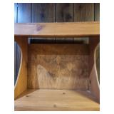 Pine Wood 2-Tier Bookcase with ornate sides.  25" W x 11.25" D x  42 1/8" H.  Lower shelf 16"H upper shelf 17.5"H