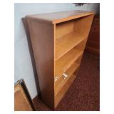 Mid Century 4-tier wood Bookshelf 30.75"W x 9.5"D x 48"H. Heavy finish wear, but stable