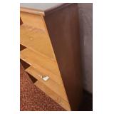 Mid Century 4-tier wood Bookshelf 30.75"W x 9.5"D x 48"H. Heavy finish wear, but stable