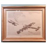 1915 WWI Aircraft Print from the Phillips Petroleum Historical Aviation Series - First Synchronized Gun -18.5"W x 14.5"H in tiered wood frame, frame in excellent condition
