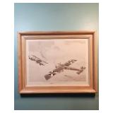 1915 WWI Aircraft Print from the Phillips Petroleum Historical Aviation Series - First Synchronized Gun -18.5"W x 14.5"H in tiered wood frame, frame in excellent condition