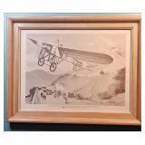 1913 Bleriot Military Aviation Print from Phillips Petroleum Historical Aviation Series - 18.5"W x 14.5"H - in tiered light wood frame, frame in excellent condition