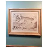 1913 Bleriot Military Aviation Print from Phillips Petroleum Historical Aviation Series - 18.5"W x 14.5"H - in tiered light wood frame, frame in excellent condition