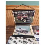 NAPA Auto Parts Classic Car Calendar Collection 1994-1996 - and a plastic hanger with 4 sections of calendars and car photos that have been cut from calendars.