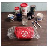 Phillips 66 Promotional Items - coffee mugs, travel mugs, ink pens, shot glass, and a zipper pouch.