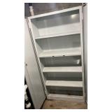 White Metal Storage Cabinet with Black Handles - good condition. Slight finish wear on bottom shelf only.  30" W x 12" D x 62" H