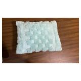 Decorative bed pillows in light blue/light turquoise - one has puffy checkerboard pattern, the other is a bolster pillow embellished with beads