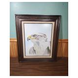 Hand painted Eagle Watercolor portrait signed by the artist 1977. In MCM frame with burlap accent - frame has scratches and finish wear