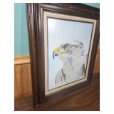 Hand painted Eagle Watercolor portrait signed by the artist 1977. In MCM frame with burlap accent - frame has scratches and finish wear