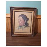 Native American Portrait signed by local artist in MCM Frame with burlap accent - frame has some finish wear