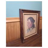 Native American Portrait signed by local artist in MCM Frame with burlap accent - frame has some finish wear