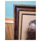Native American Portrait signed by local artist in MCM Frame with burlap accent - frame has some finish wear