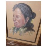 Native American Portrait signed by local artist in MCM Frame with burlap accent - frame has some finish wear