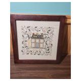 Colonial House Cross Stitch in Wood Frame - Personalized with last name of Miller - excellent condition wood frame