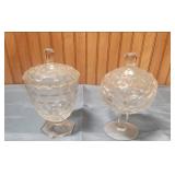 Fostoria American Clear (stem 2056) Cubist Pattern Hex Footded candy dish and round footed Candy Dish with lids
